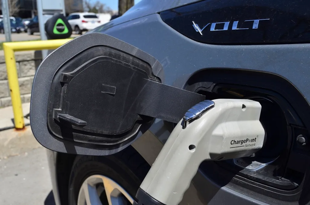 An electric car plugged in at a charging point